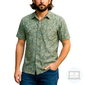 Thums Up Mens Camp Shirt Green Geometric Print Short Sleeve Rayon Size L